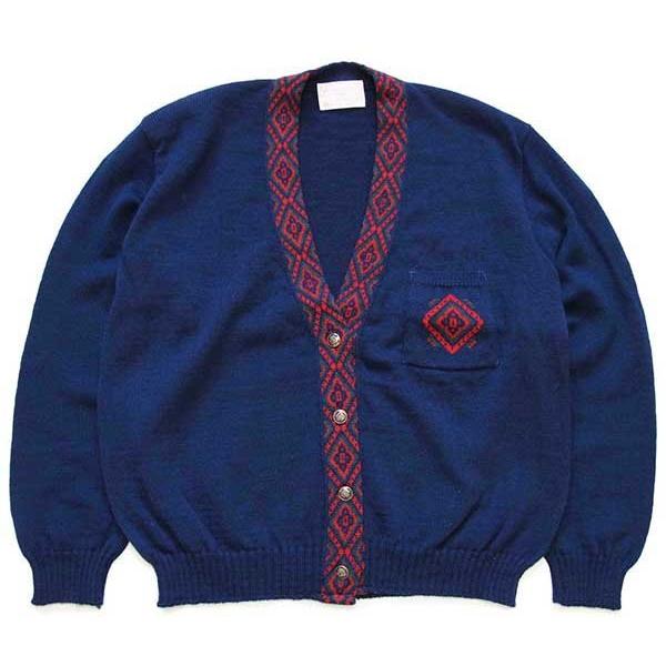 70s USA製 PENDLETONペンドルトン フォークロア柄 ウールニット カーディガン ネイビ...