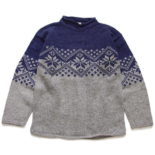 エクアドル製 Global Village ノルディック柄 ロールネック ウール ハンドニット セー...