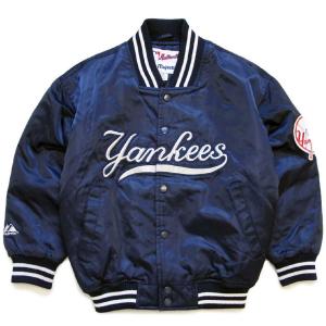 90s Majestic MLB New York Yankees ニューヨーク ヤンキース キルティングライナー ナイロンスタジャン 紺 ボーイズS★オールド キッズ｜sixpacjoe