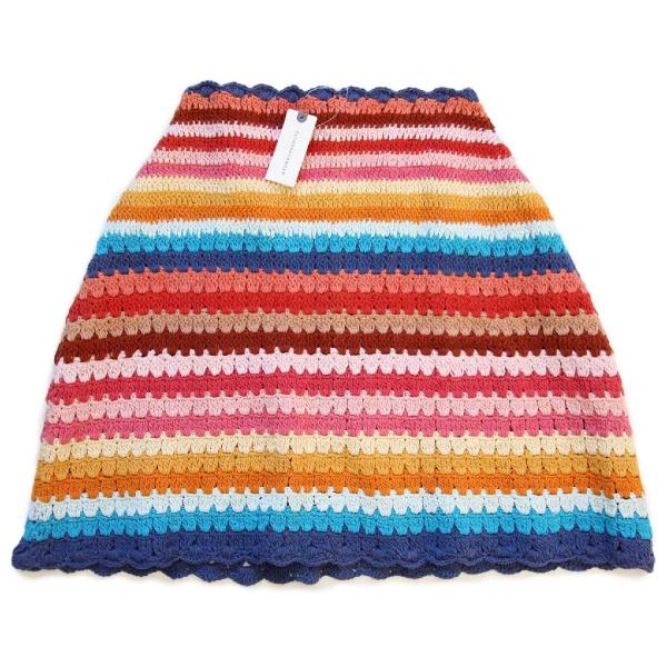 未使用★ANTHROPOLOGIE クレイジーカラー カギ編み コットンニット ミニスカート★ボーダ...
