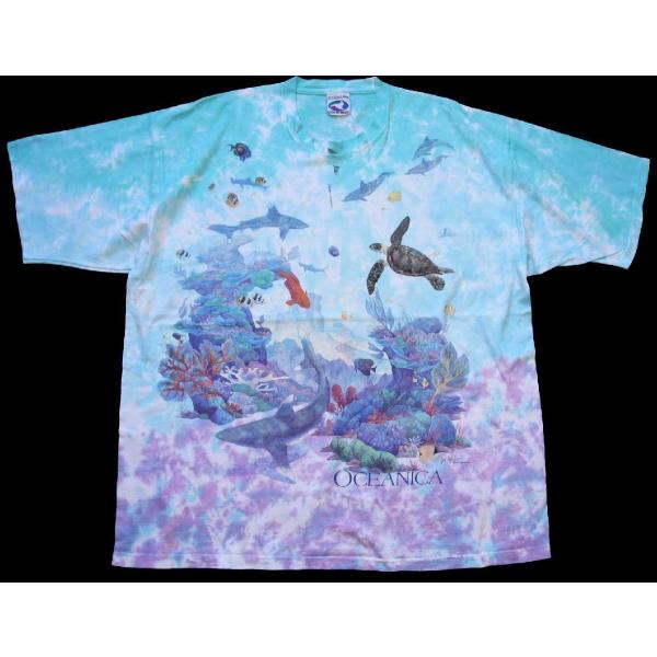 90s LIQUID BLUE OCEANICA 海洋生物 アート 両面プリント タイダイ染め コッ...