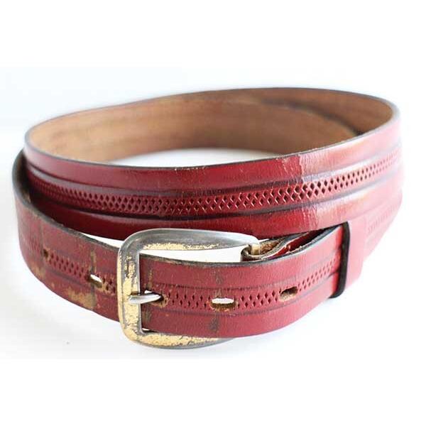 ビンテージ WORM SER 型押し レザーベルト 赤茶 34★本革 オールド カービング パンチン...