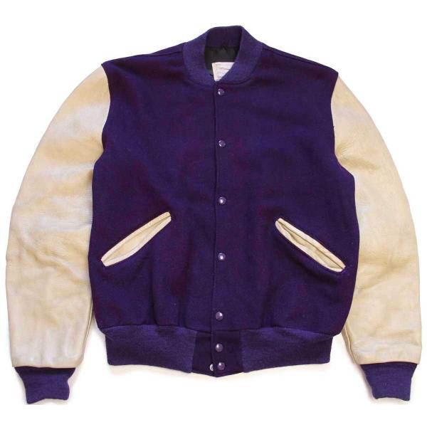 70s DeLONGデロング メルトン ウール 袖革スタジャン 紫×ベージュ 44L★ビンテージ ジ...