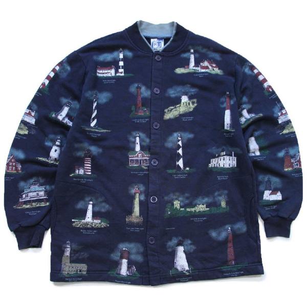 90s USA製 ART UNLIMITED 灯台 総柄 アート レイヤードネック スウェット カー...