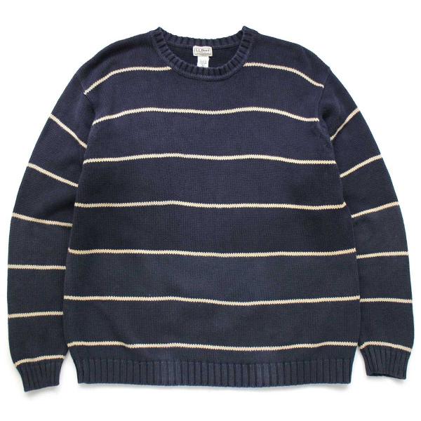 00s L.L.Bean ボーダー コットンニット セーター 紺×ベージュ XL★アウトドア クルー...