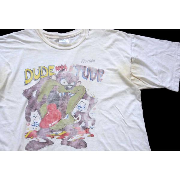 90s DUDE with a TUDE タズマニアンデビル 染み込みプリント コットンTシャツ ボ...