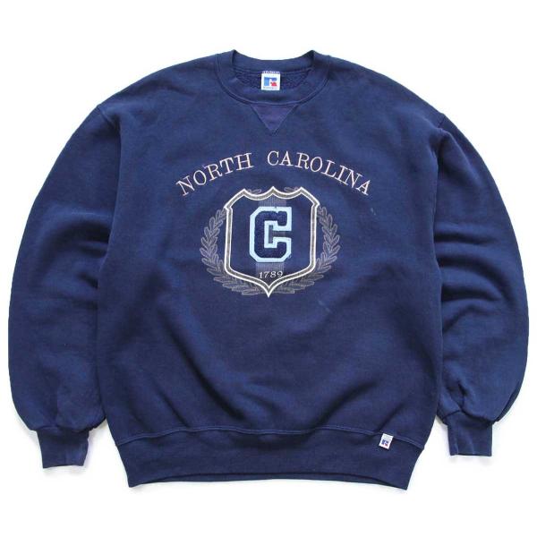 90s USA製 RUSSELLラッセル NORTH CAROLINA レタードパッチ&amp;刺繍&amp;ひび割...
