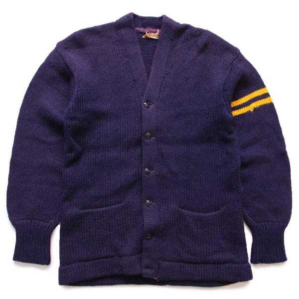 50s PRINCETON ローゲージ ウールニット レタードカーディガン ボロ ナス紺★ビンテージ...