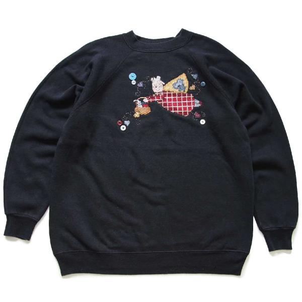 90s USA製 Hanes Her Way ハンド刺繍&amp;ボタン装飾 スウェット ブラック L★オー...