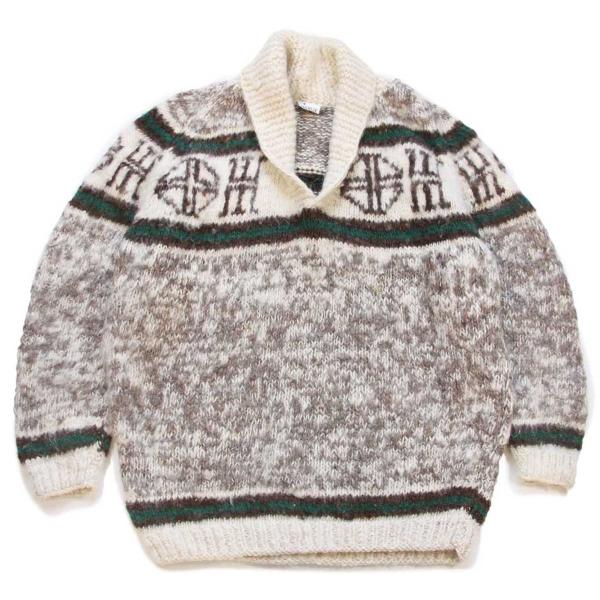 80s ネパール製 MERLIN フォークロア柄 ショールカラー ローゲージ ウール ハンドニット ...