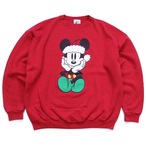 90s USA製 Disney ディズニー ミッキー マウス クリスマス スウェット 赤 XL★オー...