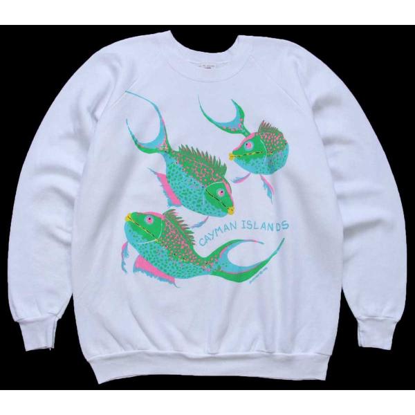 80s USA製 CAYMAN ISLANDS 熱帯魚 アート スウェット 白 XL★ビンテージ オ...