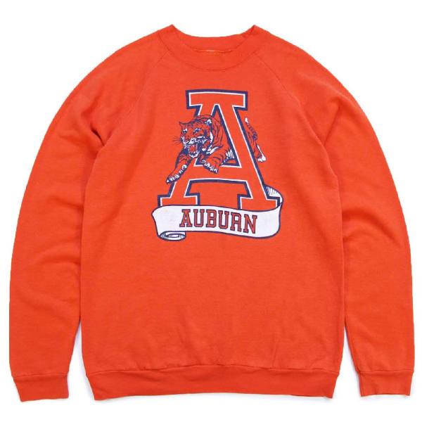 80s AUBURN タイガー ひび割れプリント スウェット オレンジ★ビンテージ オールド カレッ...
