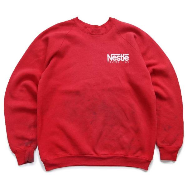 80s USA製 Nestle ロゴ ひび割れプリント スウェット ボロ 赤 XXL★特大 ビンテー...