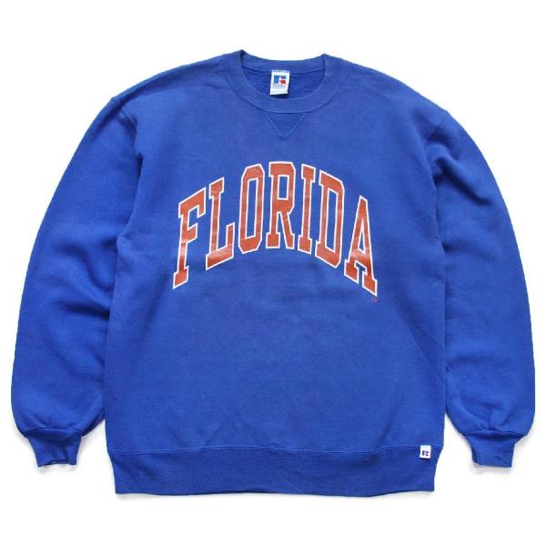 90s USA製 RUSSELLラッセル FLORIDA 前V スウェット 青 L★オールド ビンテ...