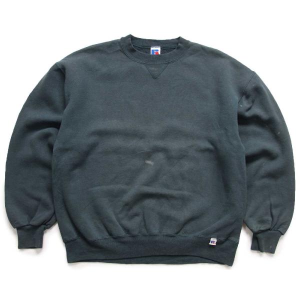 90s USA製 RUSSELLラッセル 無地 前V スウェット グリーングレー フェード L★ブラ...