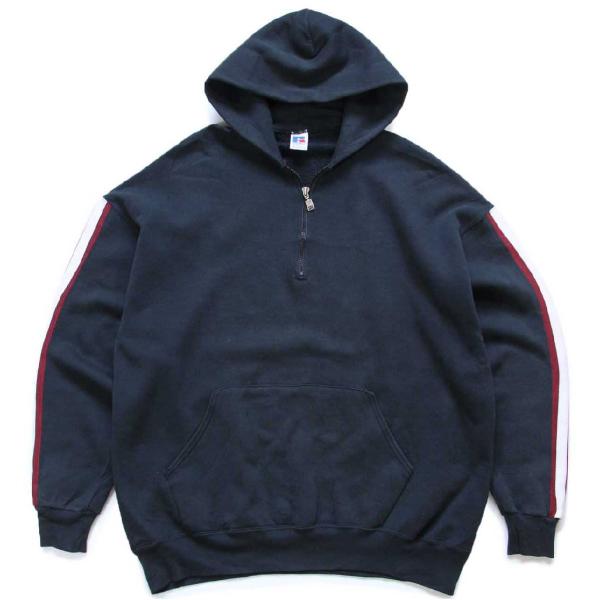 90s USA製 RUSSELLラッセル ライン入り ハーフジップ スウェットパーカー 黒 XL★フ...