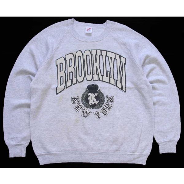 90s USA製 BROOKLYN NEW YORK ひび割れプリント スウェット 杢ライトグレー ...