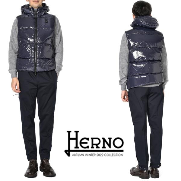 HERNO ヘルノ ダウン ベスト フーディー ショート丈 秋冬 メンズ ナイロン ネイビー