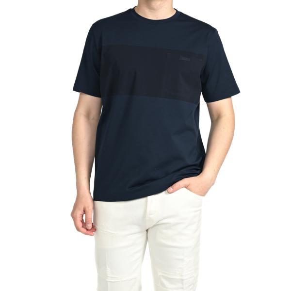 HERNO ヘルノ / ストレッチコットンジャージー 異素材コンビクルーネックTシャツ ネイビー /...