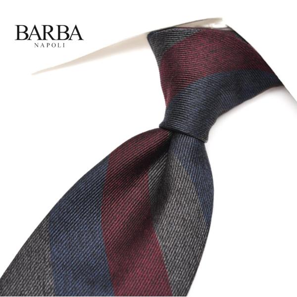 BARBA バルバ / シルク100% レジメンタルネクタイセッテピエゲ ネイビー×ワインレッド×グ...