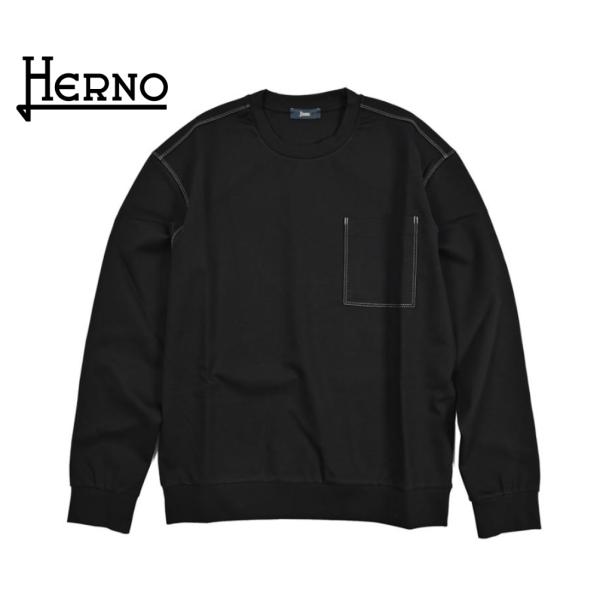 HERNO ヘルノ / スウェットシャツ プルオーバー 長袖 ストレッチ コットン ナイロン ブラッ...
