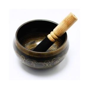 シンギングボウル 木製レザー巻きスティック付き 濃茶色・金飾 約119×75mm