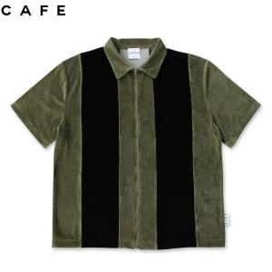 SKATEBOARD CAFE カフェ スケートボード シャツ FULL ZIP VELOUR STRIPE SHIRT オリーブ NO2｜sk8-sunabe