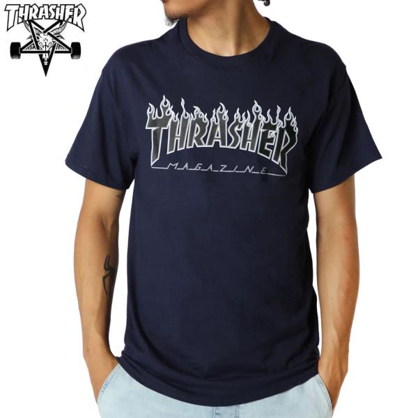 スラッシャー THRASHER Tシャツ USAモデル FLAME LOGO TEE ネイビー/ブラ...