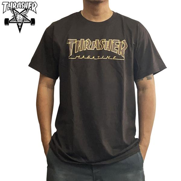 スラッシャー THRASHER スケボー Tシャツ USA企画 OUTLINED TEE ダークチョ...