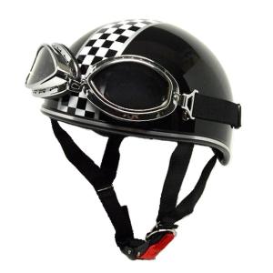 ゴーグル付き ハーフヘルメット 半キャップ 黒 ブラック/チェッカー