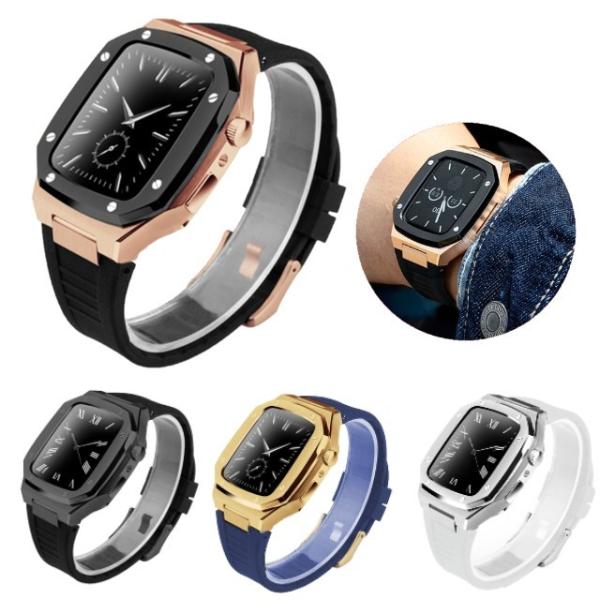 Apple Watch アップルウォッチ ラバー＆ステンレス バイカラー バンパーケース+替えベルト...
