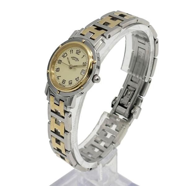 HERMES エルメス レディース腕時計 クリッパー QZ デイト コンビ ゴールド シルバー ベー...