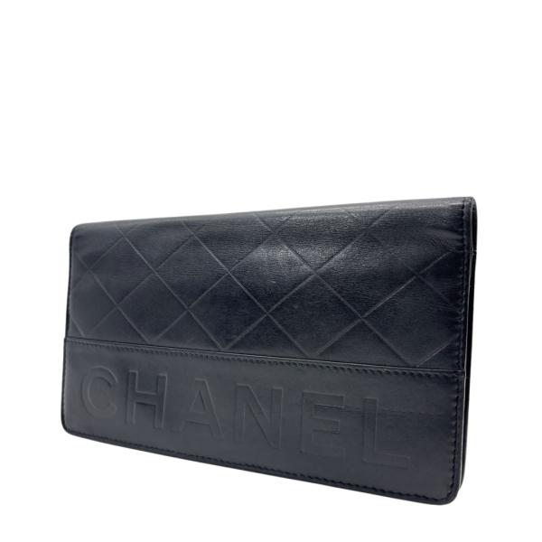 CHANEL シャネル 二つ折り長財布 マトラッセ ロゴ型押し ラムスキン ブラック 10番台