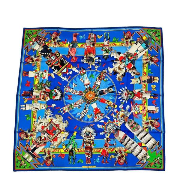 HERMES エルメス スカーフ カレ90 『Kachinas (カチナ民族)』 シルク ブルー系マ...