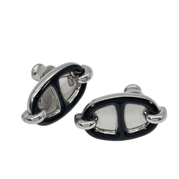 HERMES エルメス ピアス ミニ・マイヨン ラッカーメタル ブラック/シルバー金具 シェーヌダン...