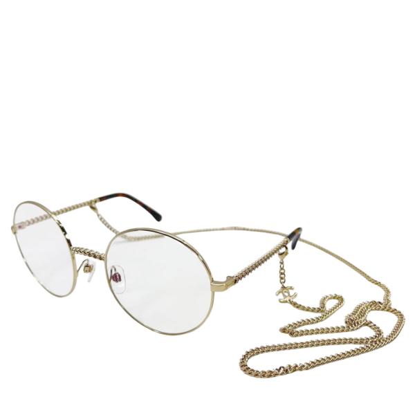 CHANEL シャネル ラウンドメガネ メタル  チェーン付き 53□21 シャンパンゴールド/ブラ...