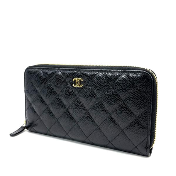 CHANEL シャネル ラウンドファスナー長財布 マトラッセ キャビアスキン ブラック ゴールド金具...