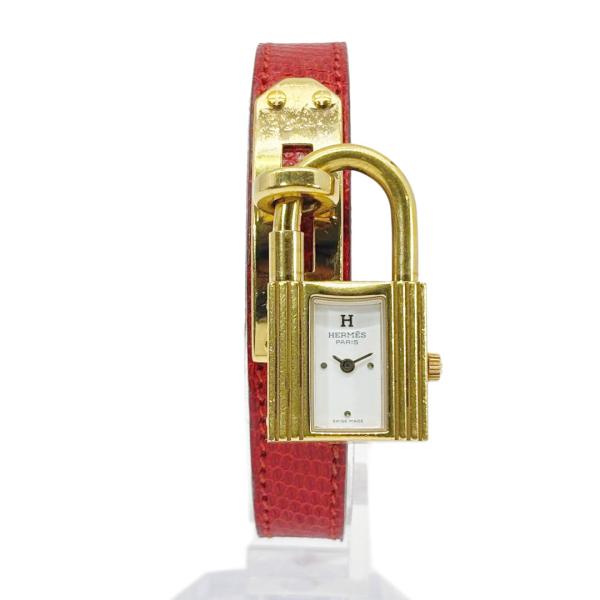 HERMES エルメス ケリーウォッチ 腕時計 GP リザード クオーツ ゴールド/白文字盤/赤ベル...