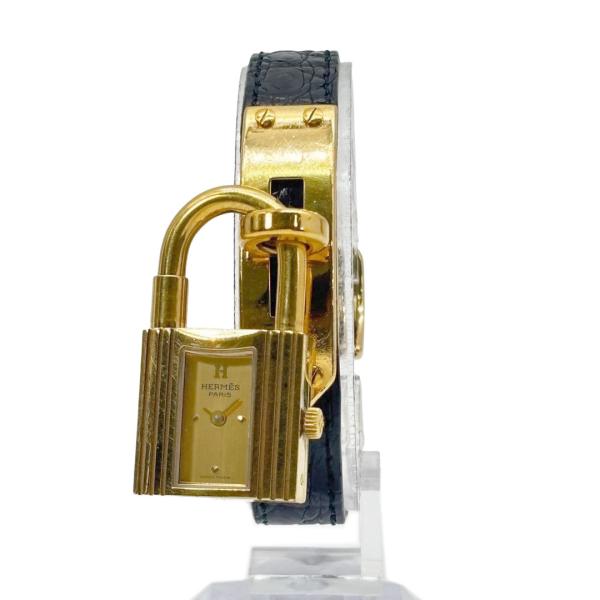 HERMES エルメス ケリーウォッチ 腕時計 GP クオーツ ゴールド/ゴールド文字盤/社外黒ベル...