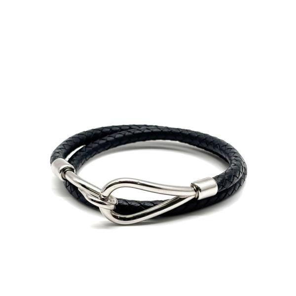 HERMES エルメス レザーブレスレット ジャンボ 二重巻き 編み込みレザー ブラック/シルバー金...