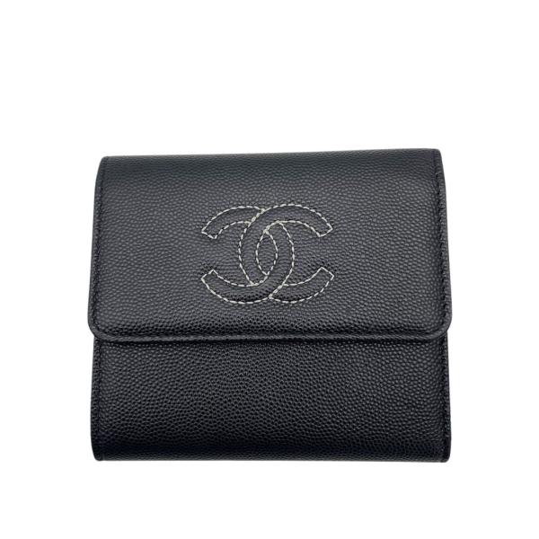 CHANEL シャネル 三つ折り財布 コンパクトウォレット ココマーク キャビアスキン ブラック ゴ...