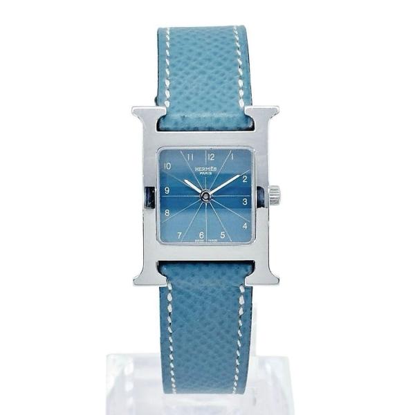 HERMES エルメス レディース腕時計 Hウォッチ QZ SS/革 シルバー/ブルージーン 青文字...