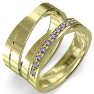 ペア 指輪 平たい リング アメジスト(紫水晶) 2月誕生石 18金イエローゴールド