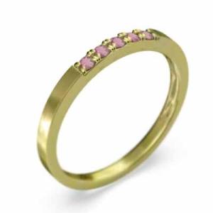 k18イエローゴールド 平らな指輪 ハーフ エタニティ 指輪 5石 細身 指輪 ピンクトルマリン 10月の誕生石 幅約1.7mmリング 細め｜skybell