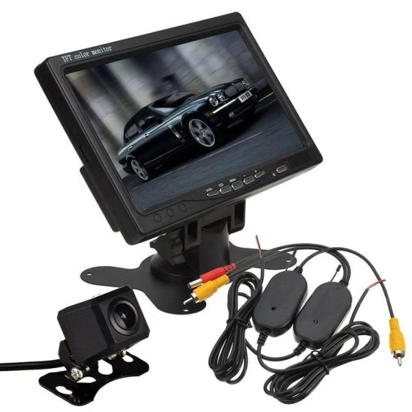 ワイヤレスカメラセット 7インチモニターと四角小型バックカメラ 無線転送キット3点 ガイドライン正像...