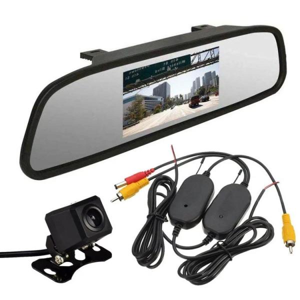 4.3インチルームミラーモニターとCCDバックカメラ ワイヤレスビデオキット3点セット 映像2チャン...