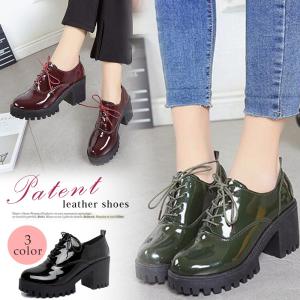 送料無料 太ヒール オックスフォードシューズ おじ靴 レディース ハイヒール ローカット エナメル靴 おしゃれ レースアップ 厚底 美脚
