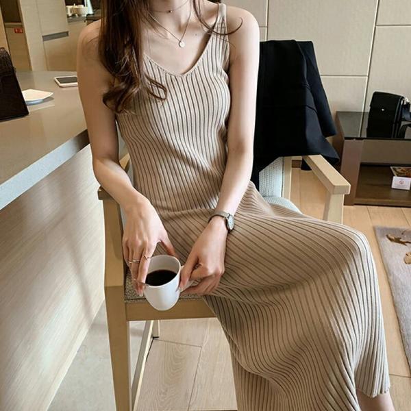 キャミワンピ ロング キャミソールワンピース ニットワンピース タイトワンピース ワンピース レディ...