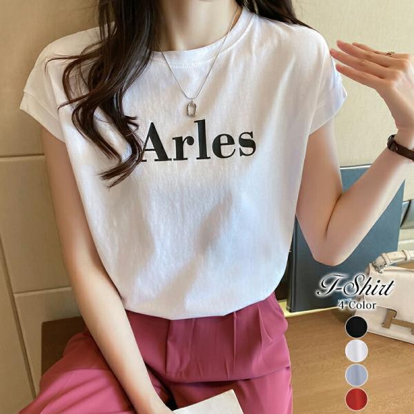 ロゴtシャツ フレンチスリーブ ロゴ レディース ロゴt クルーネック Tシャツ 無地 トップス シ...